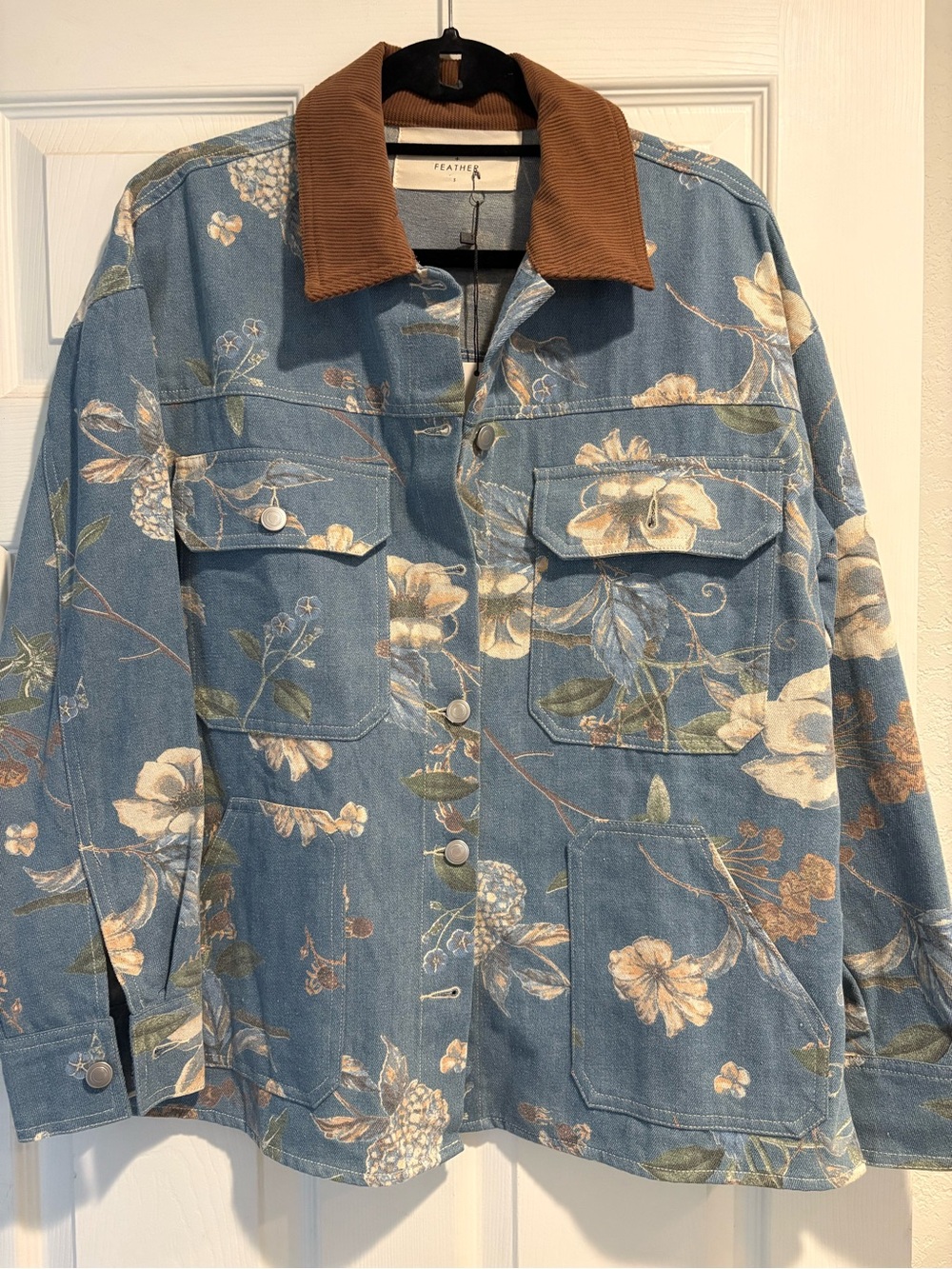 FEATHER Denim Floral Jean Jacket with Brown Corduroy Collar